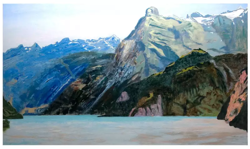 'Grand Palais, Brunnen, CH', 140 x 240 cm, Ölfarbe auf Leinen. Verkauft